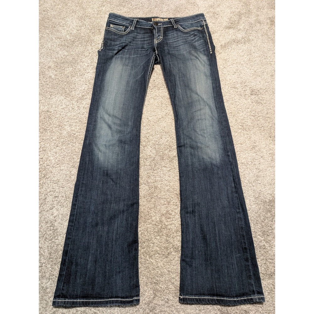 BKE Jeans Womens 27x33.5 Blue Stella Bootcut Low Rise Dark Wash Thick Stitch Y2K